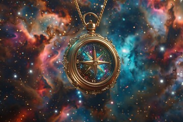 An antique compass floating in a cosmic nebula, bold colors, stars shimmering, photorealistic image  ,3DCG,high resulution,clean sharp focus - obrazy, fototapety, plakaty