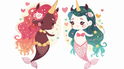 Unicorn and cute princess mermaid with dark skin tone