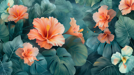 a watercolor-style image of a botanical garden filled with exotic flowers and plants in shades of peach - obrazy, fototapety, plakaty