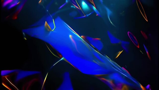 Dynamic abstract footage features swinging blue neon shapes and luminous accents against dark backdrop, ideal for representing energy, modern art, digital wallpaper, or creative backgrounds