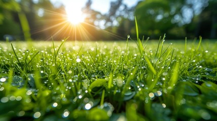 the sun shines brightly in the background of a field of grass with drops of water on the green grass. - obrazy, fototapety, plakaty