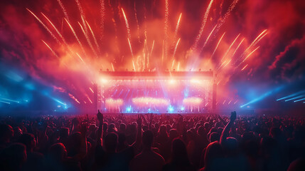 crowd at a concert, summer music festival, neon lights, light music