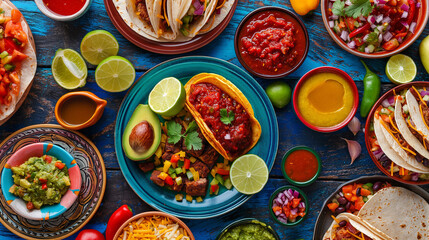 traditional Mexican dishes, tacos, enchiladas, guacamole and salsa on colorful plates with colorful side dishes highlighting the rich flavors and spices of Mexican cuisine - obrazy, fototapety, plakaty