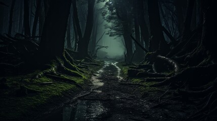 Spooky trail through a haunted woods with glowing eyes - obrazy, fototapety, plakaty