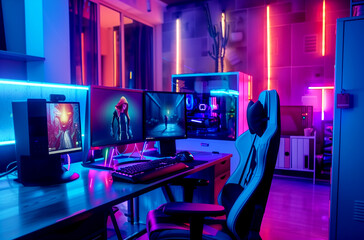 A modern gaming room with neon lighting.