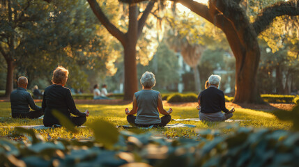 elderly people practicing yoga outdoors in the fresh air
