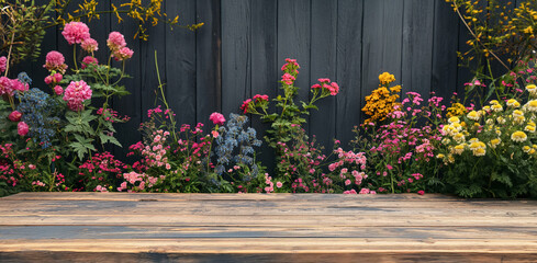 Fototapeta na wymiar summer soft background with flowers and wooden table for product presentation