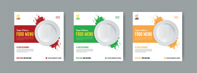 Fast food restaurant social media post or web banner template design.vector illustration with plate. Healthy burger and pizza online sale promotion flyer or poster.