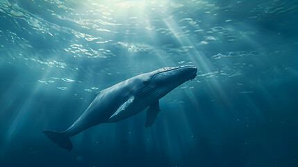 Fototapeta premium A tranquil scene of a blue whale gracefully swimming beneath the surface, sunlight filtering through the water, creating a mesmerizing play of light and shadow, ideal for adding text