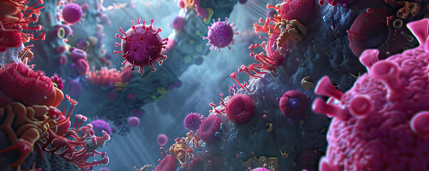 Obraz premium Enchanted 3D bacteria world, vibrant fungal landscapes, fantasy virus elements, ready for text