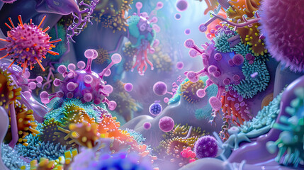 Fototapeta na wymiar Whimsical 3D bacteria and fungi in a viral fantasy setting, designed with text area