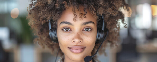 Close up of smiling woman with curly hair wearing headset inviting expression in modern office setting. Telemarketing concept