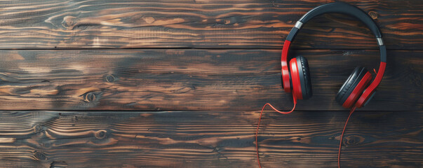 Red and black headphones lying on dark wooden surface, concept of music and leisure activities