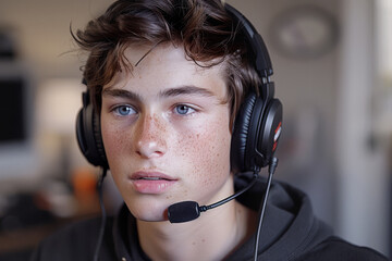 Teenage boy with headset looking focused, blue eyes and freckles with blurred background