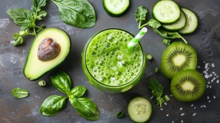 Green spinach smoothie.
Concept: superfoods healthy lifestyle and nutrition, including detox programs and green diets, organic grocery stores and healthy cafes.