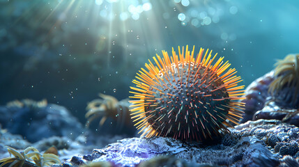 Naklejka na ściany i meble A vibrant sea urchin nestled on a rocky seabed, its spines glistening under the sunlight, with a serene blue ocean as backdrop