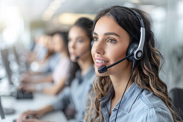 Confident young woman with headset in office, team of operators at work in background