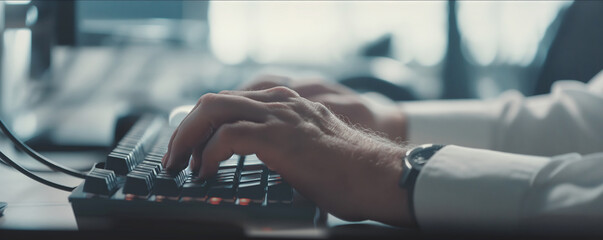 Mature man hands on modern keyboard with blurred office background. Experienced worker typing, focus on detail and precision