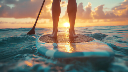 woman on SUP board at sunset in the sea