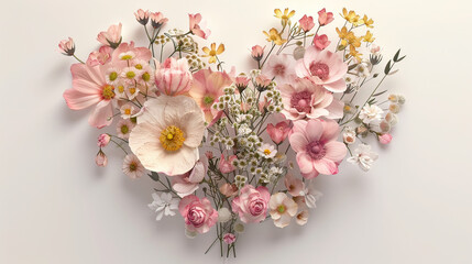 Delicate flowers arranged in a heart shape, 3D render, symbolizing love and nature