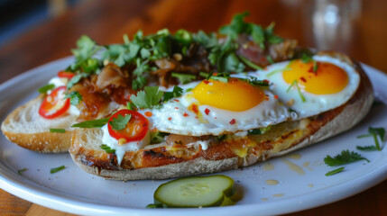 Delectable vietnamese banh mi with sunny side up eggs