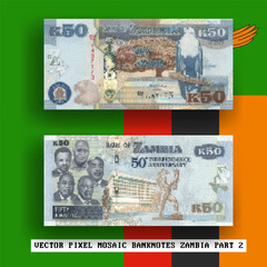 Vector pixel mosaic banknote of Zambia. Note in denominations of 50 kwacha. Obverse and reverse. Play money or flyers. Part 2