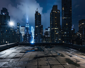 Superhero city rooftop at night, spotlighting a space for heroic birthday messages - obrazy, fototapety, plakaty