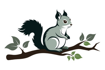 Baby squirrel sitting on a tree branch silhouette black vector illustration