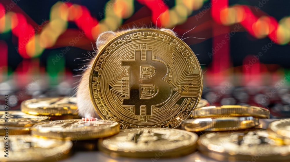 Poster a gold bitcoin is placed on a stack of shiny gold coins. there is a hamster hiding behind the bitcoi