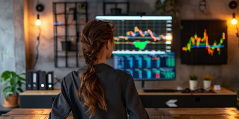 A woman is standing in front of a computer screen, actively engaged in trading stocks - obrazy, fototapety, plakaty