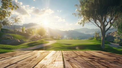 A wooden table stands in front of a scenic view of a golf course, with lush green fairways and trees in the background - obrazy, fototapety, plakaty