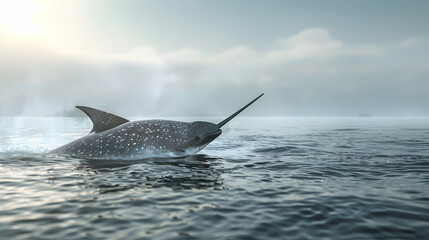 Fototapeta premium An elegant narwhal breaching the surface of the sea, capturing the essence of freedom and solitude, with a tranquil seascape gently blurred in the backdrop