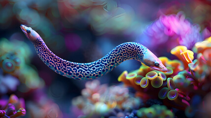 An ethereal image showcasing the otherworldly beauty of a Moray eel, its sinuous form set against a...