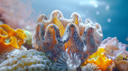 An underwater tableau featuring a sea cucumber amidst a kaleidoscope of marine life, with a serene blue backdrop softly blurred to enhance the focal point