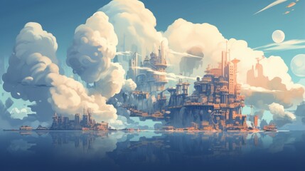 Surreal digital painting of a floating city in the clouds