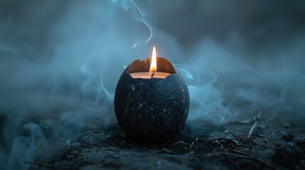 candle in a black egg shell with fog. - obrazy, fototapety, plakaty