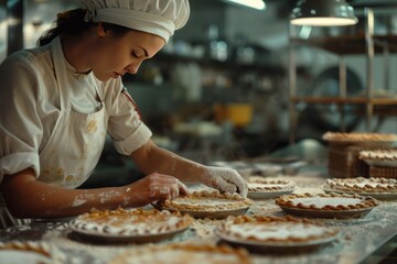 Young woman baker making pies, bakery, flour, pie, pastry, bread, desserts, culinary - obrazy, fototapety, plakaty