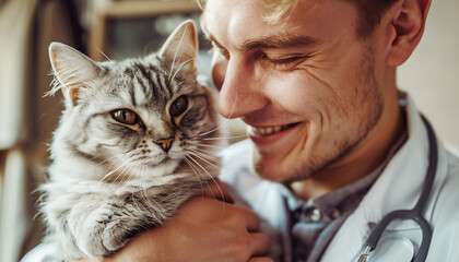 Portrait of vet man affectionately cuddling with gray cat. Doctor's smiling expresses joy, contentment. Warm light illuminates scene, highlighting love between the man and cat.Pets health care concept