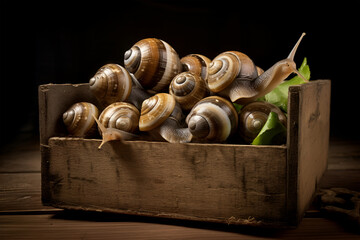 Many snails in box at the farm