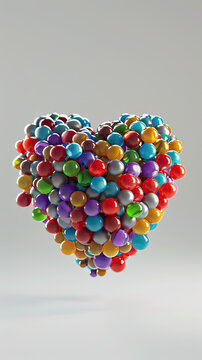 Colorful candies in a heart formation, 3D rendered, sweetening the essence of affection