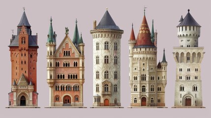 Naklejka premium a group of tall buildings sitting next to each other on top of a white surface in front of a pink background.