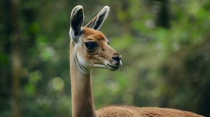Obraz premium Close-up of a Vicuna's elegant profile against a blurred expanse of lush greenery, capturing its natural elegance