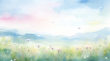 Fototapeta na wymiar Artistic watercolor strokes creating a peaceful meadow