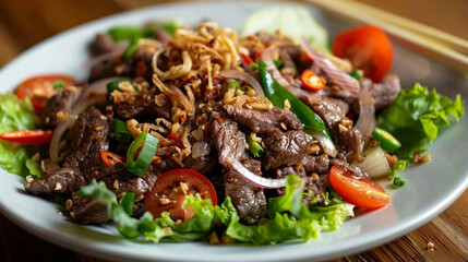 Savory vietnamese beef salad with fresh vegetables and herbs
