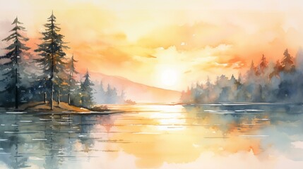 Fototapeta na wymiar Artistic watercolor strokes forming a serene lake scene