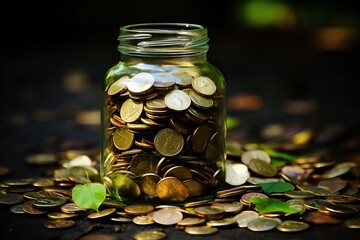 Glass jar full of mixed coins surrounded by scattered money and green leaves on a dark surface