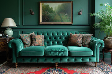classic interior in dark green colors. vintage velvet sofa near emerald wall. Armrest of luxurious green sofa, close-up. Luxury vintage green couch in the room. Antique wood sofa couch.