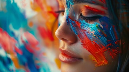 Attractive lady painting with bold colors, forming abstract scene
