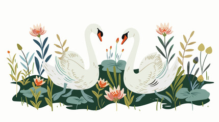 Vector illustration with Lovely swans on a glade Flat - obrazy, fototapety, plakaty
