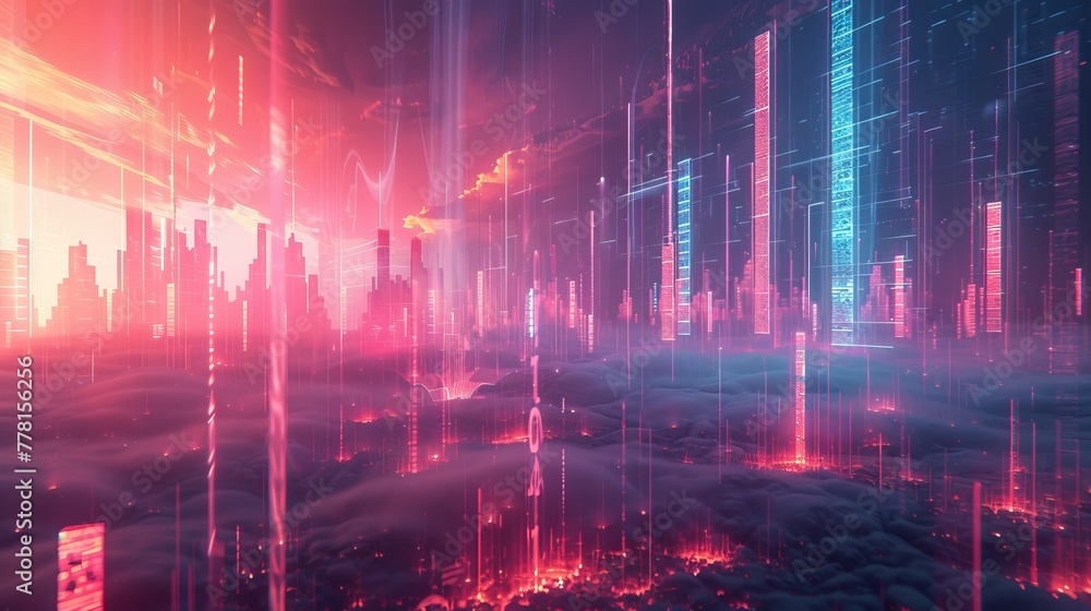 Poster a digital landscape filled with floating, translucent charts and graphs